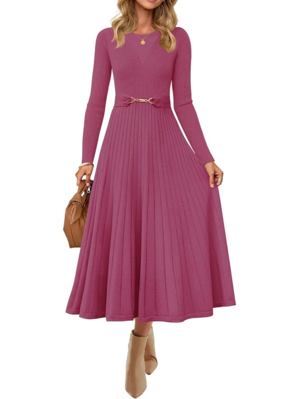 🆕Women's Pink Purple Long Sleeve Crew Neck High Waist A line Midi Sweater Dress